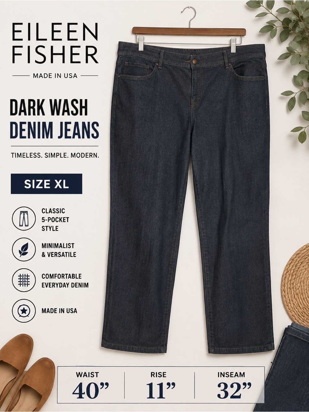 Eileen Fisher XL Dark Wash Denim Straight Leg Jeans Pants Made in USA